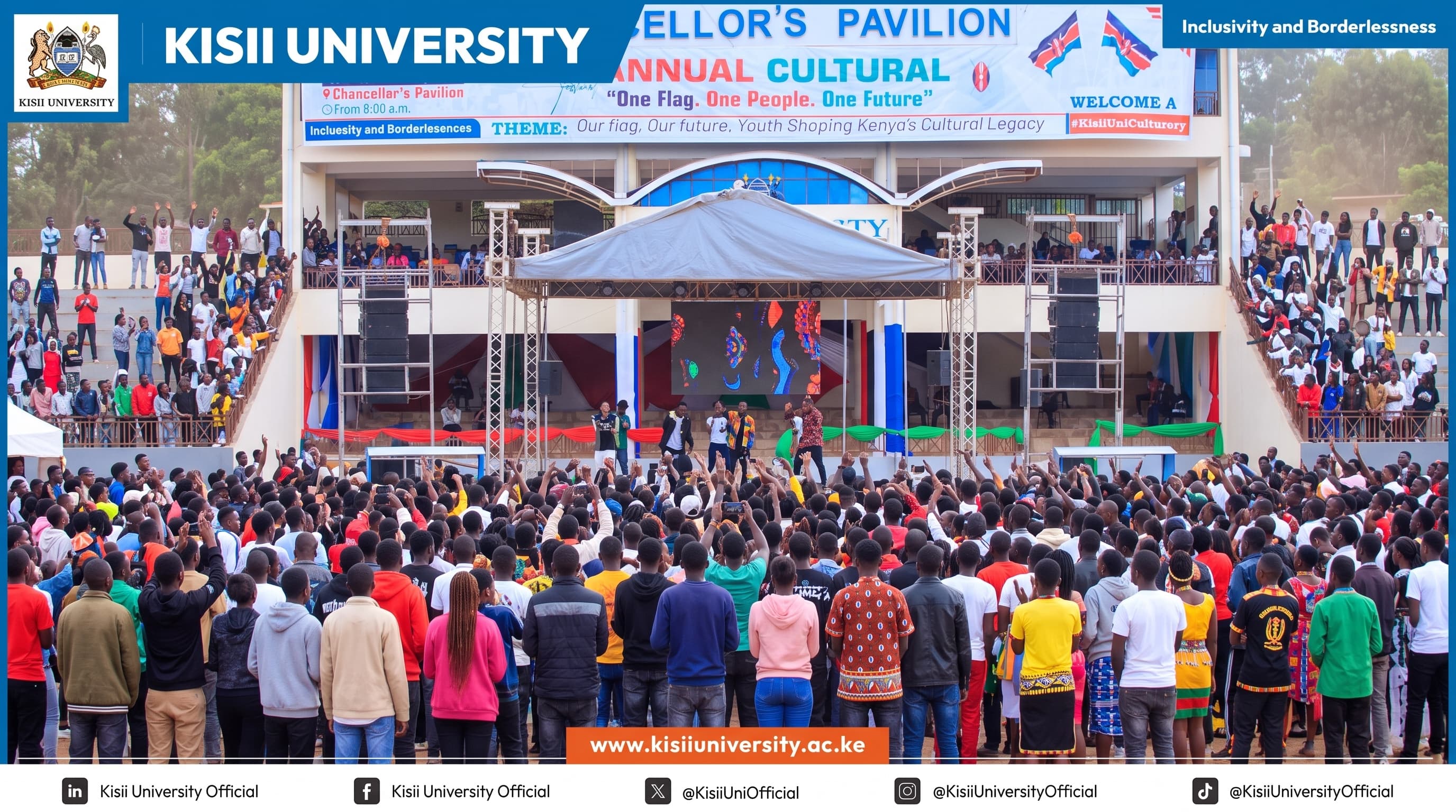 Smiling Kisii University students walking on campus